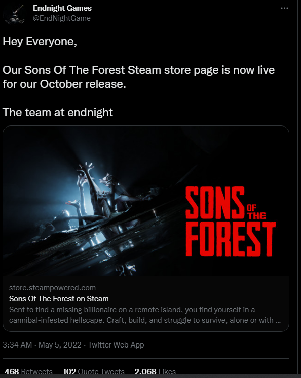 《森林之子》新发售日定于10月登陆Steam